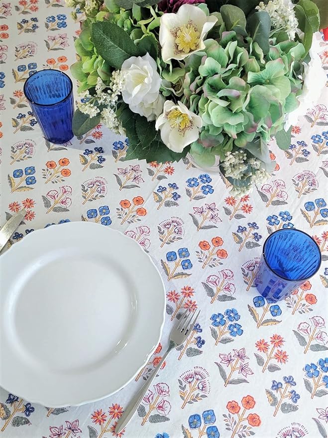 ATOSII Flora Bloom 100% Cotton Rectangle Boho Fall Tablecloth, Handblock Floral Table Cloth Linen for Kitchen Dining I Parties Wedding Outdoors Christmas Thanksgiving I 72 X 120 Inches I 10 Seater
