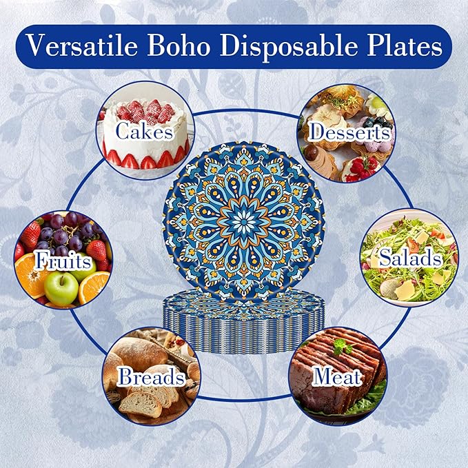 ZULYSTO 100 Count Boho Paper Plates (50×7"+ 50×9") – Disposable Plates for Party, Retro Bohemian Style Dessert Dinner Plate Set for Daily Use, Holiday, Wedding, Events