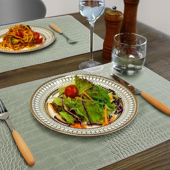 Jovono Faux Leather Placemats Set of 8, Waterproof Heat Resistant Dinner Place Mats for Dining Table, Non-Slip Crocodile Embossed, Green (17.8x11.8 Inch)