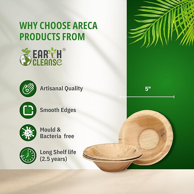 5" Areca Palm Leaf Round Bowls Compostable Biodegradable Eco-Friendly Bowls Natural Disposable Bowls, Perfect for Picnic Catering, Dessert, and Wedding (Pack of 50)