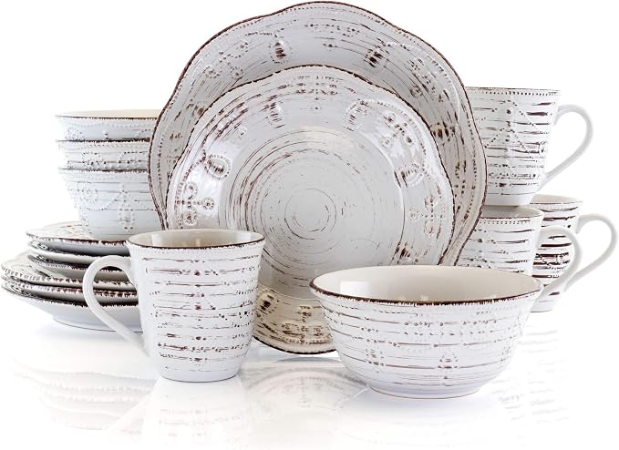 Elama Rustic Birch 16 Piece Embossed Scalloped Stoneware Round Dinnerware Set by Elama