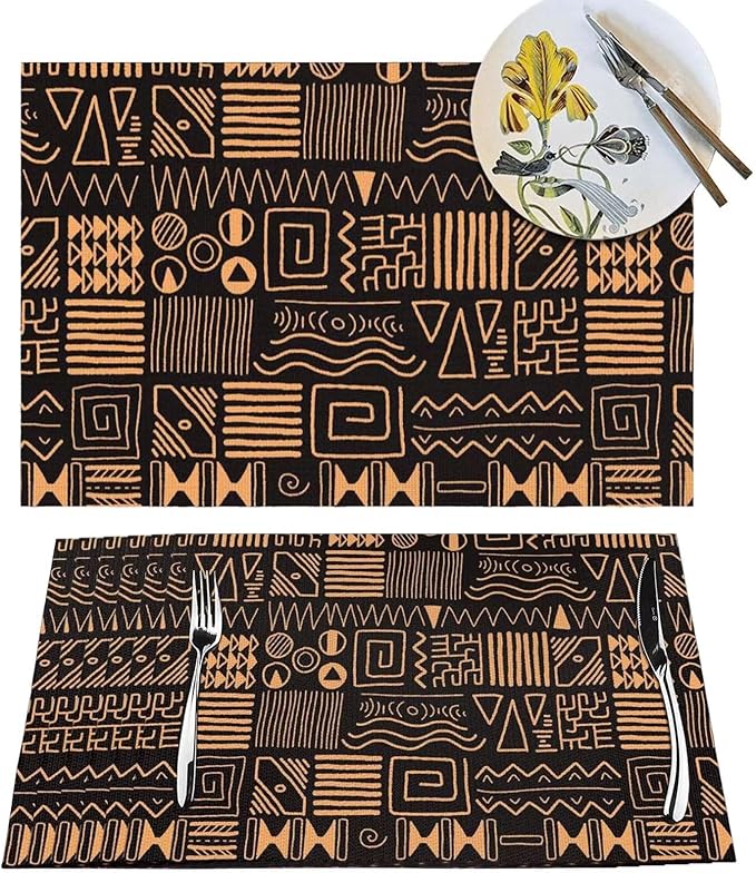 African Ethnic Pattern Placemats Set of 4 Abstract Tribal Art Wipeable Table Mats Reusable Washable PVC Rectangle Place Mats for Kitchen Dining Home Decor 12x18 Inches