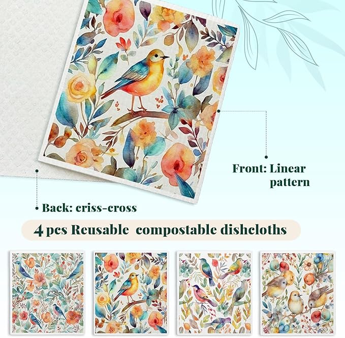 Vintage Bird Flowers Swedish Dishcloths for Kitchen, Papaya Reusable Paper Towels, 4 Pack Watercolor Dish Towels for Kitchen, Swedish Dish Cloths, Reusable Paper Towels Washable