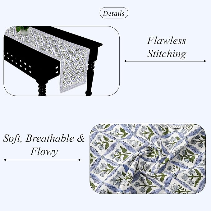 Light Steel Blue Hand Block Print 100% Cotton Table Runner 16x70 Inch | Perfect - Image 2