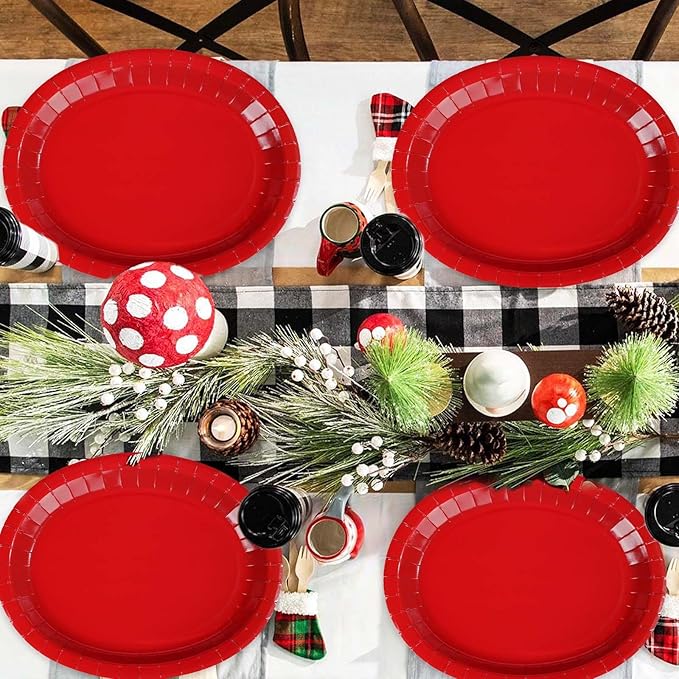 50 Pcs Red Oval Paper Plates 10"x12" Large Red Valentine's Day Plates Disposable Heavy Duty Valentines Day Platter for Chinese New Year Holiday Decorations Daily Dinner Wedding Birthday Party Supplies