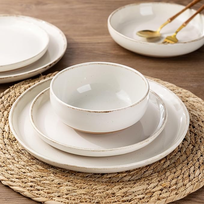 AmorArc Ceramic Dinnerware Sets for 4, 12 Pieces Handpainted Plates and Bowls Set with Rustic Terracotta Underside, Scratch Resistant Stoneware Dishes Set, Dishwasher & Microwave Safe, Beige