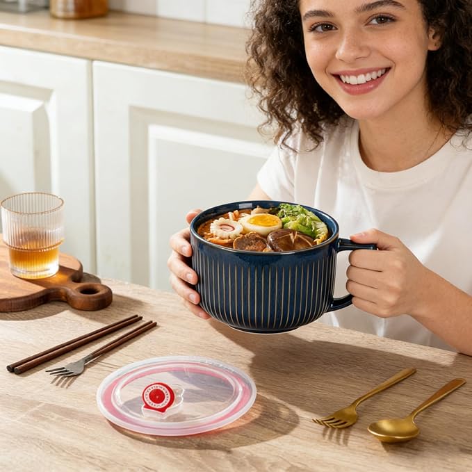 Ceramic Soup Bowl with Handle&Lid, Jumbo 38oz Microwave Ramen Bowl Set of 2 | - Image 7
