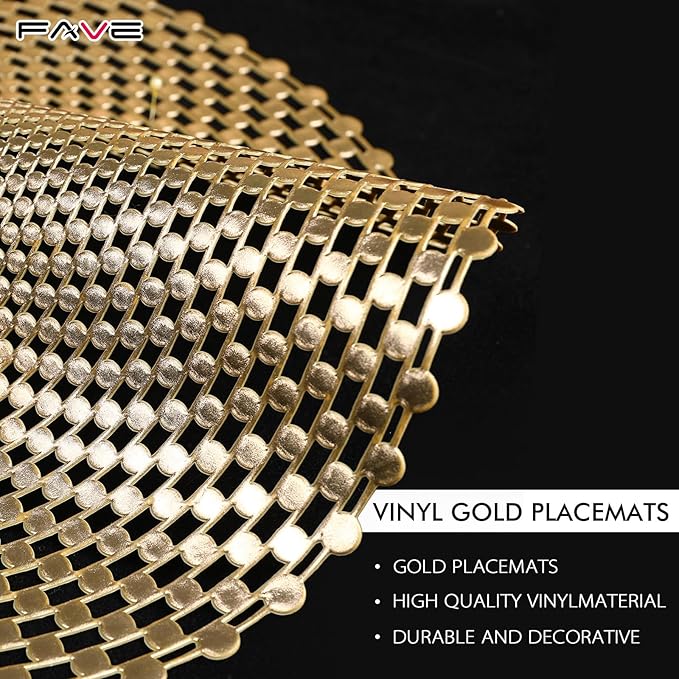 FAVE Set of 12 Round Gold Vinyl Placemats, Luxury Spiral Pattern for Formal Events, Restaurant, Parties, Birthdays (15 Inch,12PCS)