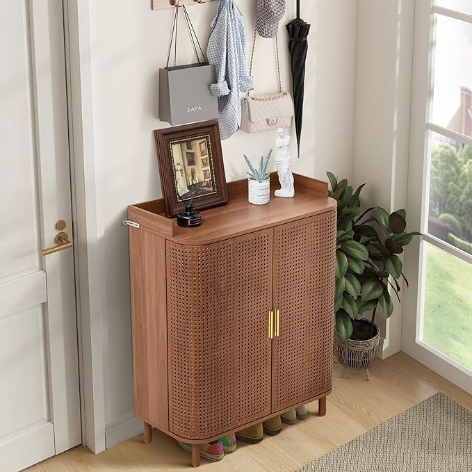 ORRD Shoe Cabinet, 5 Tier Boho Wooden Shoe Storage Organizer Cabinet with Adjustable Shelves, Shoes Rack with Iron Rattan Curved Doors Accent Cabinet for Entryway Hallway Living Room, Walnut