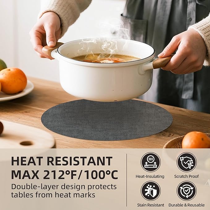 15 inch Faux Leather Round Placemats Set of 6 Non-Slip Washable Wipeable Table Mats, Heat Resistant Waterproof Oilproof Black Place Mats for Kitchen, Dining, Party, Indoor, Outdoor