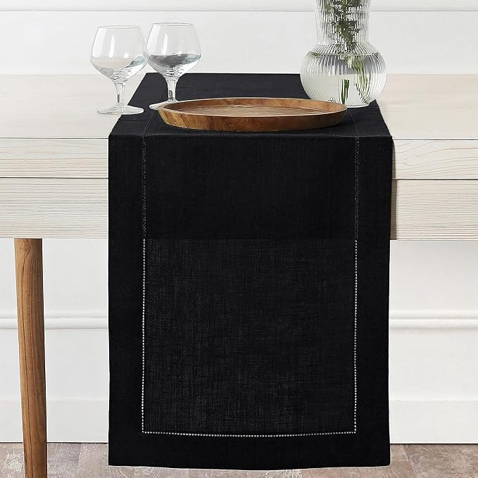 D'Moksha Homes Linen Black Table Runner 72 Inches Long - 100% Pure Linen Hemstitch Table Runner 14 x 72 Inch for Dresser, Dining, Spring, Easter - Classic Hemstitch