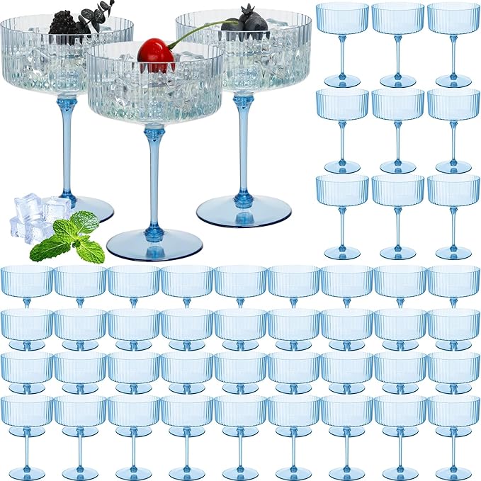48 Pcs Ribbed Martini Glasses 10 oz Disposable Plastic Vintage Ribbed Coupe Glasses Unbreakable Dessert Parfait Glassware for Wedding Birthday Party Supplies (Blue)