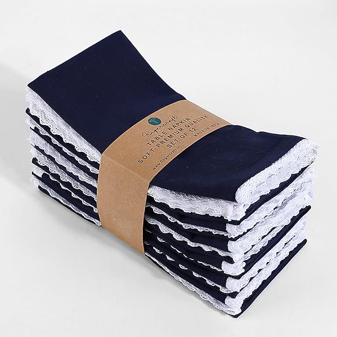 Fingercraft Dinner Cloth Napkin Cotton Linen Set of 12 Mitered Corners with Natural Elegant Lace for Everyday Use Napkins are Pre Shrunk and Good Absorbency with Lace 20x20 in Navy
