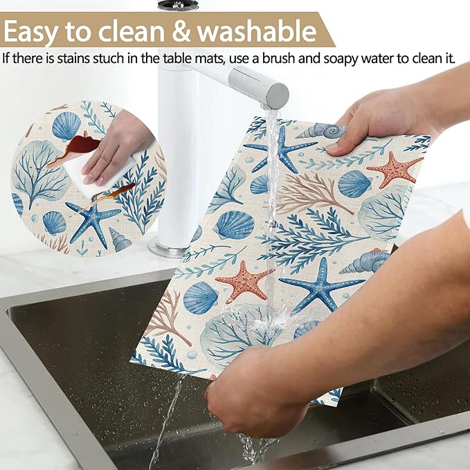 Watercolor Coral Starfish Shell Placemats Set of 6, Washable Table Mats for Kitchen Dining Table, Linen Place Mats for Party Holiday Decoration, Teal Ocean Retro