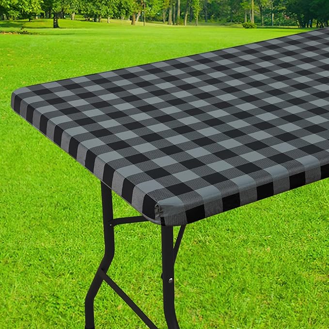 Smiry Rectangle Picnic Table Cloth, Elastic Waterproof Fitted Vinyl Tablecloths, Flannel Backed Buffalo Plaid Table Covers for Dining, Camping, Outdoor (Black and Grey, 30" x 72")
