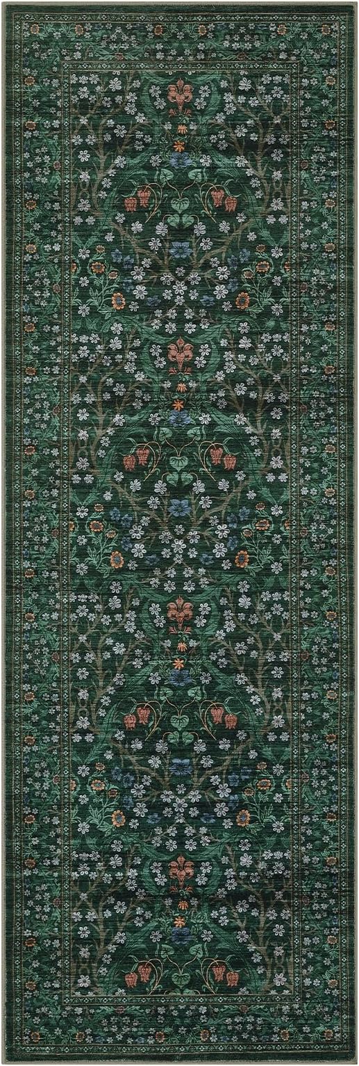 GarveeHome Washable Kitchen Runner Rug, Floral 2x6 Rug for Hallway Non Slip Stain Resistant, Ultra-Thin Boho Soft Hallway Rug Botanical Carpet for Entryway, Laundry Room, Bathroom Dark Green