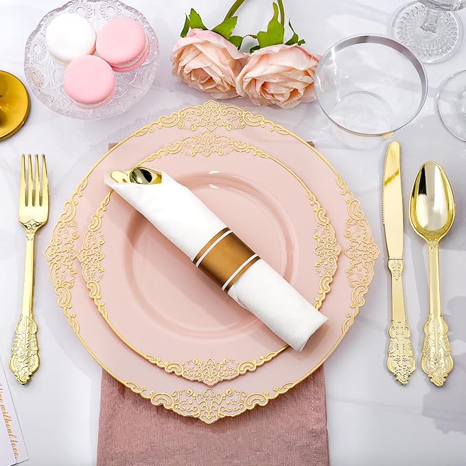 350 PCS Pink and Gold Plastic Plates, Plastic Dinnerware Set for 50 Guests, 100 Disposable Plates, 150 Silverwares, 50 Cups, 50 Napkins for Party, Wedding, Graduation