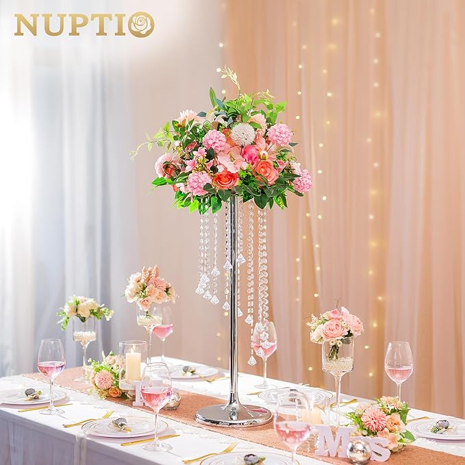 Nuptio Wedding Centerpieces Silver Vases: 10 Pcs 27.6in Tall Crystal Flower Vase Metal Flowers Stand for Party Tables Decorations - Elegant Bulk Weddings Decoration Table Chandelier Centerpiece stands