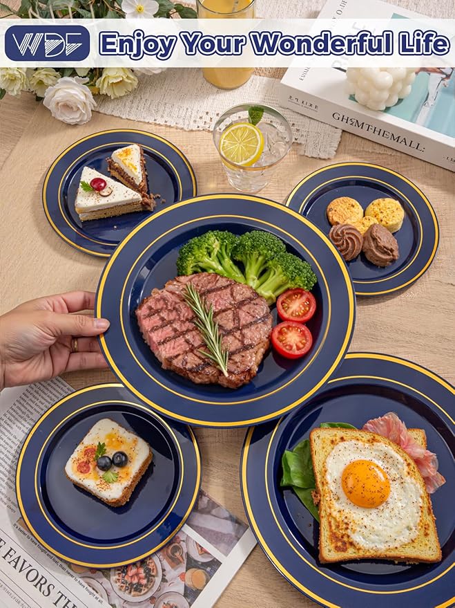 350PCS Navy Blue and Gold Plastic Plates with Rolled Napkins Include Dinner Plate 10’’, Dessert Plate 7’’, gold Cups 9 OZ, Pre Rolled Napkins 25 of each type for Party/Birthday/Wedding