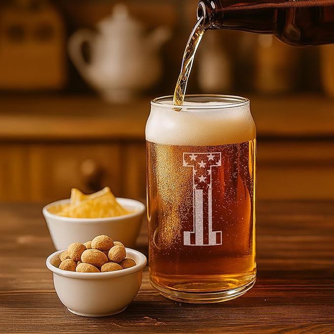 Monogram Beer Glasses for Men (A-Z) 16 oz - Beer Gifts for Men Brother Son Dad Neighbor - Unique Gifts for Him - Personalized Drinking Gift Beer Glass Mugs - Engraved Beer Can Glass (I)