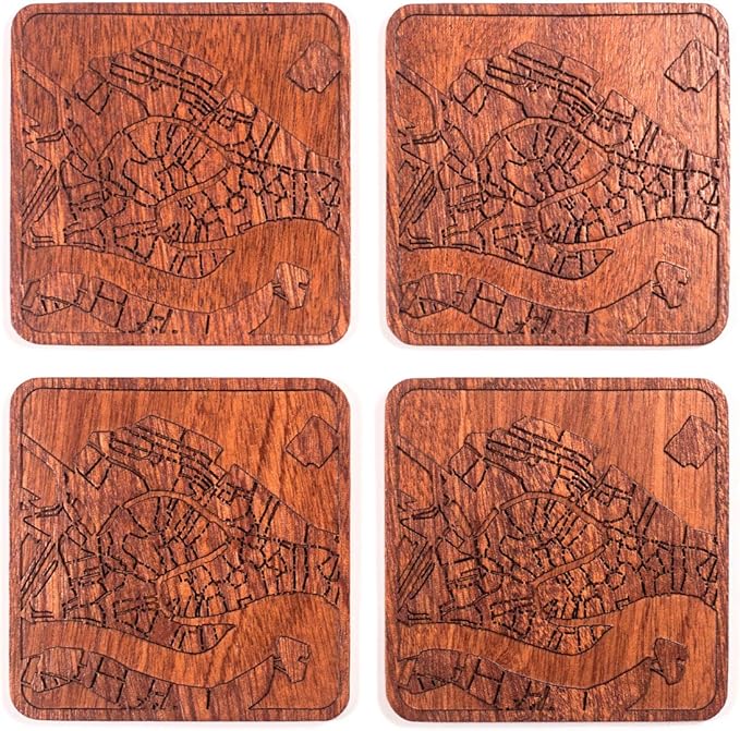 Venice Map Coaster by O3 Design Studio, Set of 4, Sapele Wooden Coaster with city map, Multiple city optional, Handmade