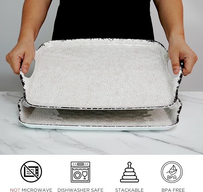 TP Melamine Serving Trays with Handles, Rustic White | Large Rectangular Trays - Image 2