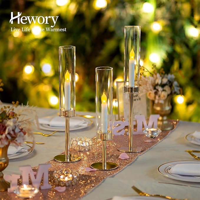 Hewory Gold Candle Holders Hurricane Candlestick Holders, 6Pcs Candle Stick Candle Holder Candelabra, Taper Candle Holders with Glass Candle Cover for Wedding Table Centerpiece Christmas Decor