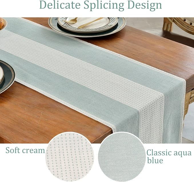 Wracra Linen Table Runner, Stripe Table Runners 36 Inches Long Aque Blue | - Image 3