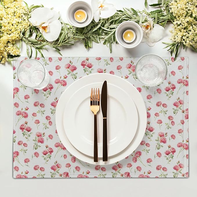 Pink Place Mats - Rose Placemats Set of 4 Floral Flower Table Mats 12x18 for Party Kitchen Dining