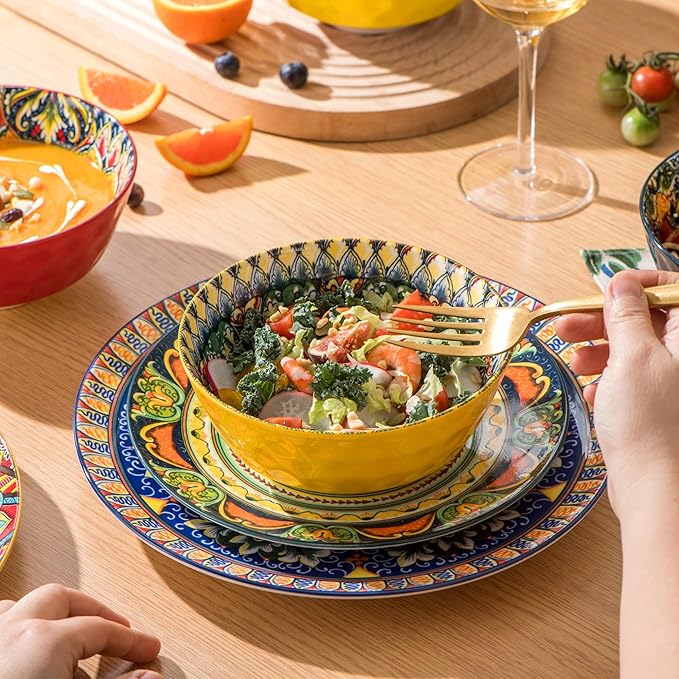 Henten Home Ceramic 12 Pieces Dinnerware Sets, Bohemia Dinner Plates, Soup Bowls, Porcelain Dinnerware Set for 4, Microwave & Dishwasher Safe, Scratch Resistant