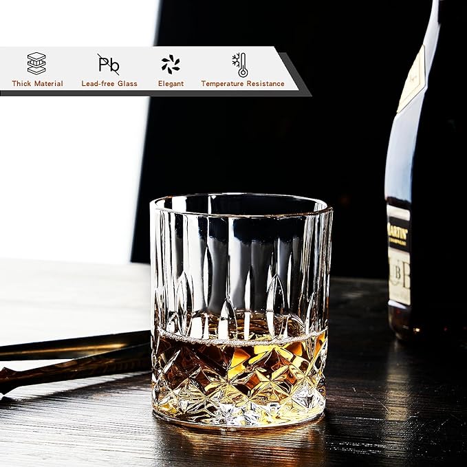 GLASKEY Whiskey Glasses Set of 4,Rock Glasses,11 oz Lead-Free Crystal Bourbon Glass,Old Fashioned Glass for Bourbon,Cognac,Irish Whisky,Personalised Whisky Glass Gift Set for Men,Dad,Brother