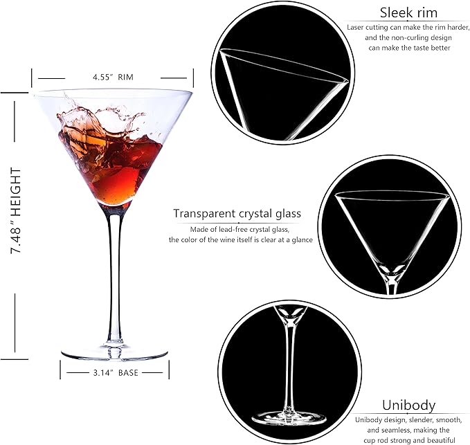 Handblown Crystal Martini Glasses Set of 4-9.5 oz Coupe Glass Set with Stem - Elegant Cocktail Glasses for Bar, Margarita, Cosmopolitan, Manhattan, Gimlet - Unique Gift for Mother’s Day