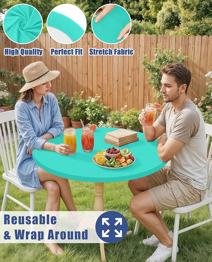 Round Spandex Tablecloth, Elastic Fitted Waterproof Tablecloths for 25"-30" Tables, Stretch Washable Picnic Table Cover for Camping, Dining, Indoor and Outdoor,Aqua Blue