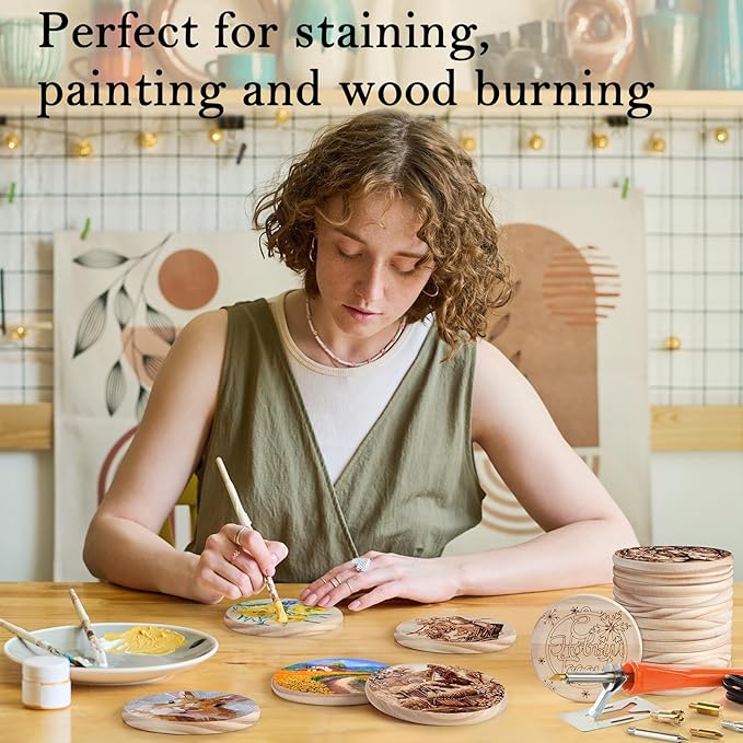 60 Pieces Unfinished Wood Coasters, GOH DODD 4 Inch Wooden Blanks with Non-Slip Pads for Laser Engraving Wood Burning Staining Painting Decoupage Housewarming Gifts Wedding Crafts Education, Round