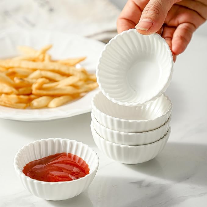 UIBFCWN 20 Pack 1.3Oz Soy Sauce Dish Ceramic, White Dipping Sauce Bowls/Dishes, Small Dipping Cups for Sushi Ketchup Olive Oil Side Dishes, Mini Dip Bowls for Charcuterie Boards - 2.7inch