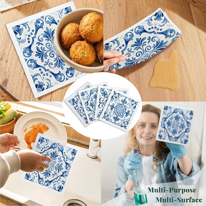 Swedish Dishcloths for Kitchen, Vintage Blue Floral Swedish DishCloths, Papaya Reusable Paper Towels Washable, 4 Pcs Dish Towels for Kitchen Party Home Housewarming Cleaning Cloths