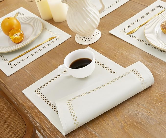 Farmhouse Burlap Hollow Placemats Set of 6, 12 x18 Inch Off White | Double Layer - Image 4