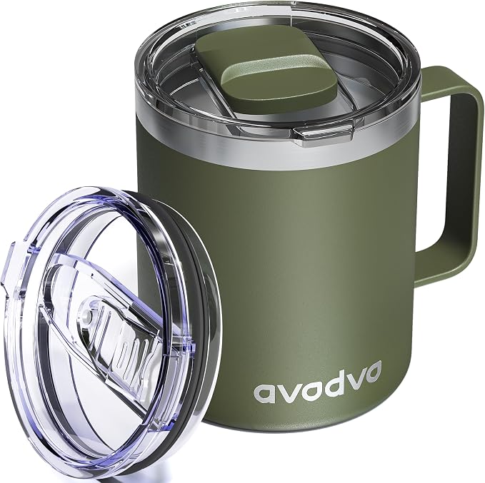 12oz Insulated Coffee Mug with Lid – Includes Two Lids, Stainless Steel Coffee by avodvo