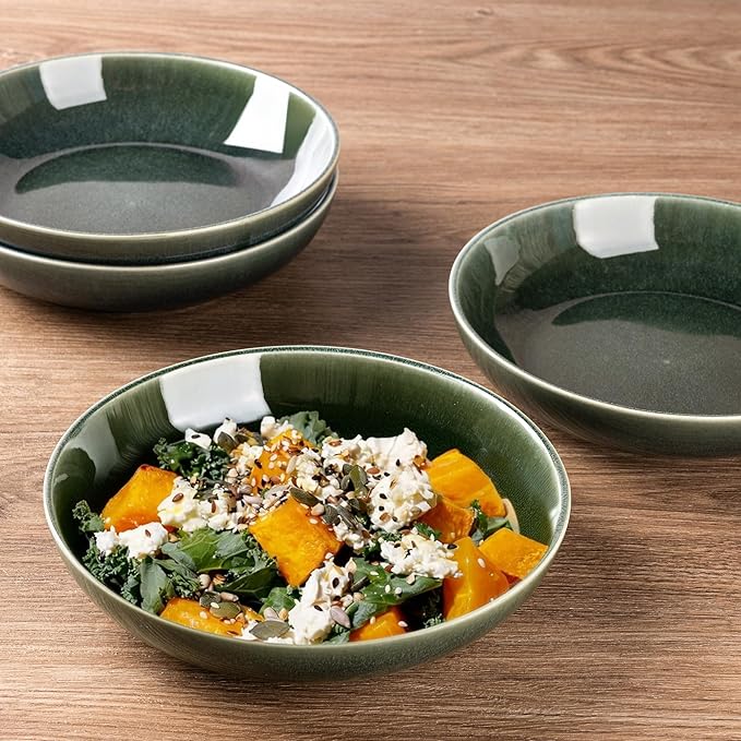 AmorArc 8.5'' Large Ceramic Pasta Bowls, 36oz Stoneware Pasta Serving Bowls Set of 4 for Kitchen, Wide Bowls for Pasta,Salad,Oatmeal, Microwave Safe, Reactive Glaze-Earth Green