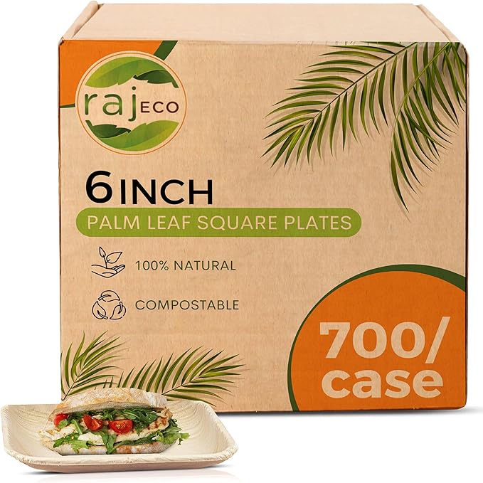 Raj Palm Leaf Plates Bulk [100-Pack] 6" Square Plates(7 CASES - 700 PACK) like Bamboo plates Disposable, Strong, Decorative Compostable Tableware for weddings, Lunch, Dinner, Outdoor BBQ