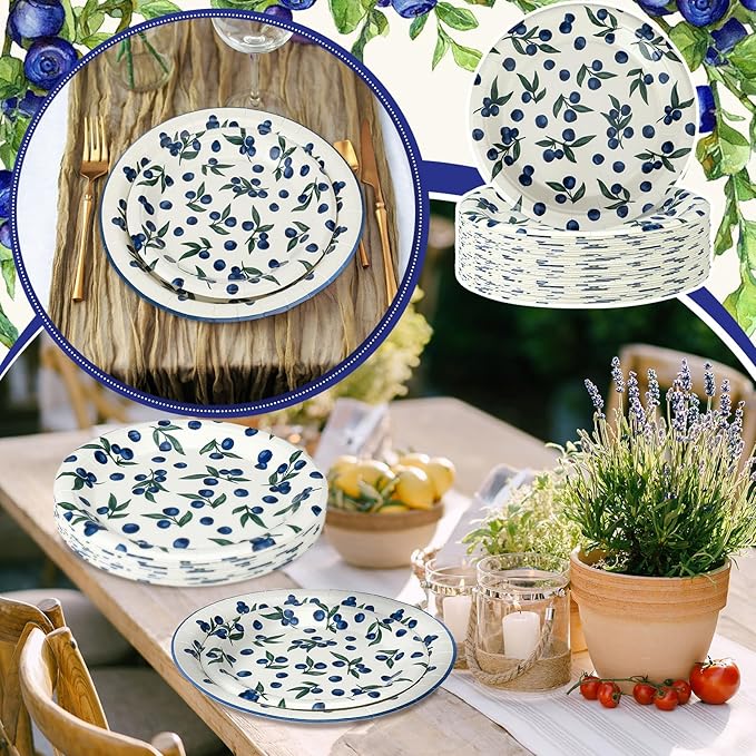 48 Pcs Blueberry Harvest Plates Set Include 9 Inch and 7 Inch Spring Watercolor Disposable Plates Summer Decorative Dinner Birthday Party Tableware for Baby Shower Party Supplies