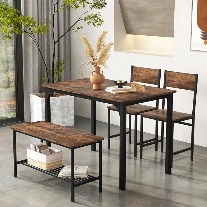 NAFORT Dining Table Set for 4 with Bench, Industrial Kitchen Table and Chairs, Rustic Brown Wood & Black Metal 4-Piece Dining Set for Apartment, Small Space, Kitchen & Dining Room