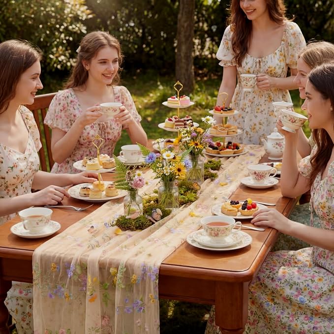 Champagne Floral Table Runner 10ft Embroidery Tulle Spring Wildflower Table - Image 6