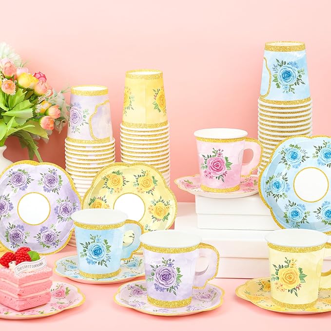 24 Sets Floral Paper Tea Cups and Saucers Disposable Tea Party Supplies - Image 6