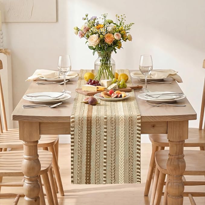 Artoid Mode Coffee Farmhouse Stripe Braided Table Runner 12x108 Inch | Holiday - Image 2