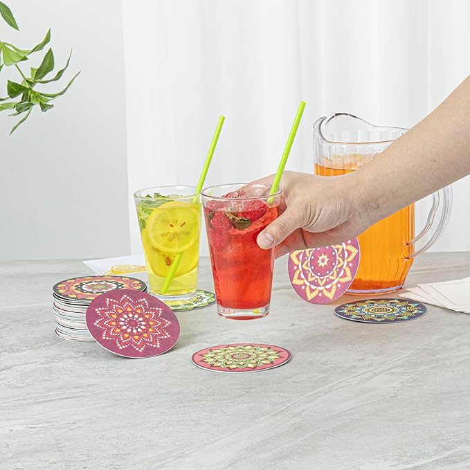 Restaurantware Super Absorbent Coasters 480 Case 4 Inch Assorted Paper Bar Coasters High-Density Pulpboard Beverage Coasters Moisture-Absorbing Durable Drink Coasters - Assorted Designs