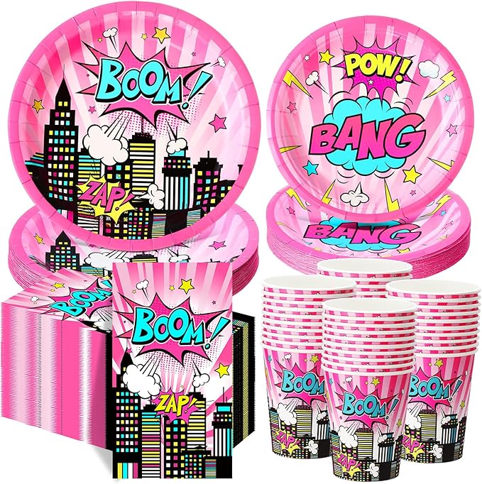 Funnymoom 250 Pcs Girl Hero Birthday Decoration Pink Comic Girl Hero Paper by Funnymoom