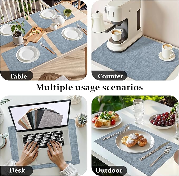 FROMHEART Faux Leather Placemats Set of 6–Waterproof,Heat/Oil Stain-Resistant PU Table Mat–Reversible,Non-Slip,Easy to Clean Place Mats for Kitchen,Dining,Indoor/Outdoor,(Light Blue,11.8" x 17")