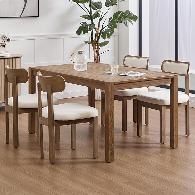 Beige Dining Chairs Set of 4, Mid Century Modern Linen Dining Room Chairs with Curved Back, Armless Kitchen Chairs for Living Room/Restaurant/Balcony/Bedroom/Home Desk/Task