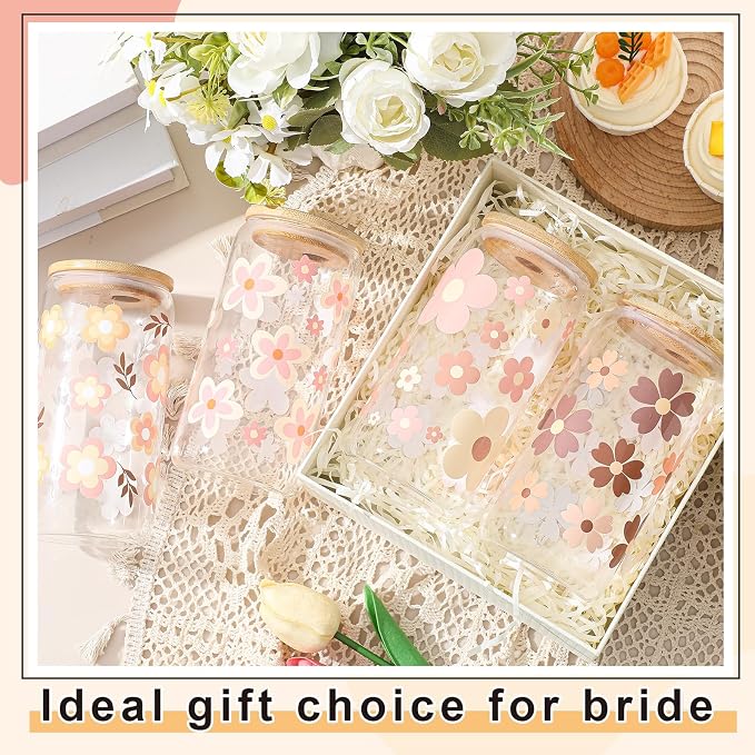Mumufy 4 Pack Wildflower Glass Cups Gift Aesthetic Cute Glass Cup Tumbler - Image 6
